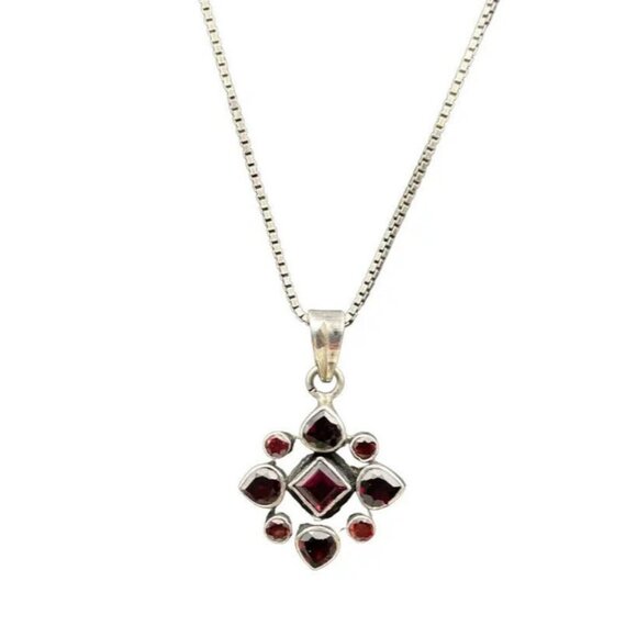 KC 925 Sterling Silver Garnet Pendant Box Chain Necklace Spring Ring Closure - Picture 1 of 11